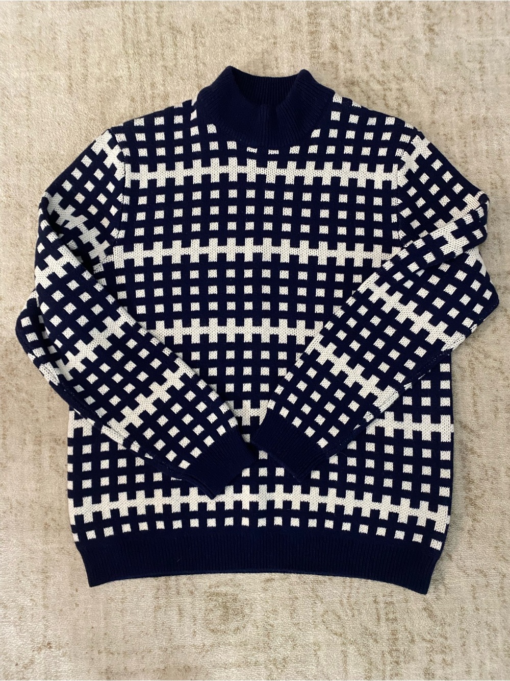 Paul Fredrick Navy and White Checkered Turtleneck Sweater